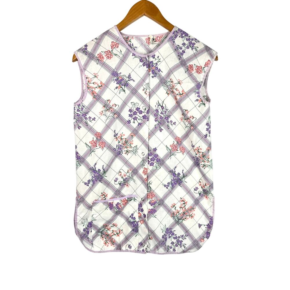 Vintage Floral Plaid Snap Front Apron Union Made Small